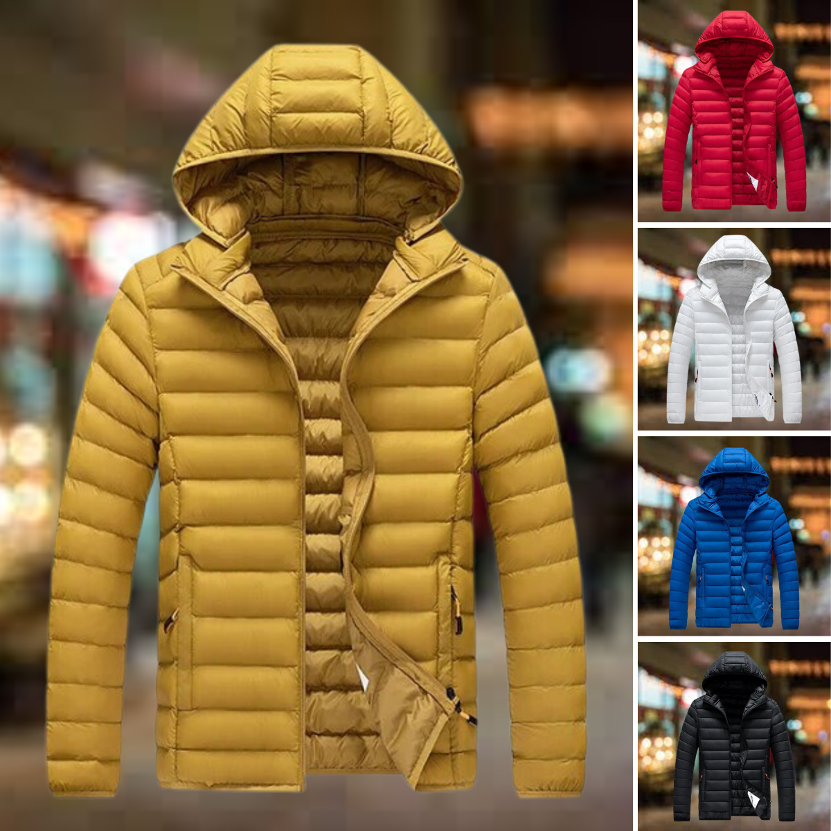 Men's quilted puffer jacket with hood and pockets