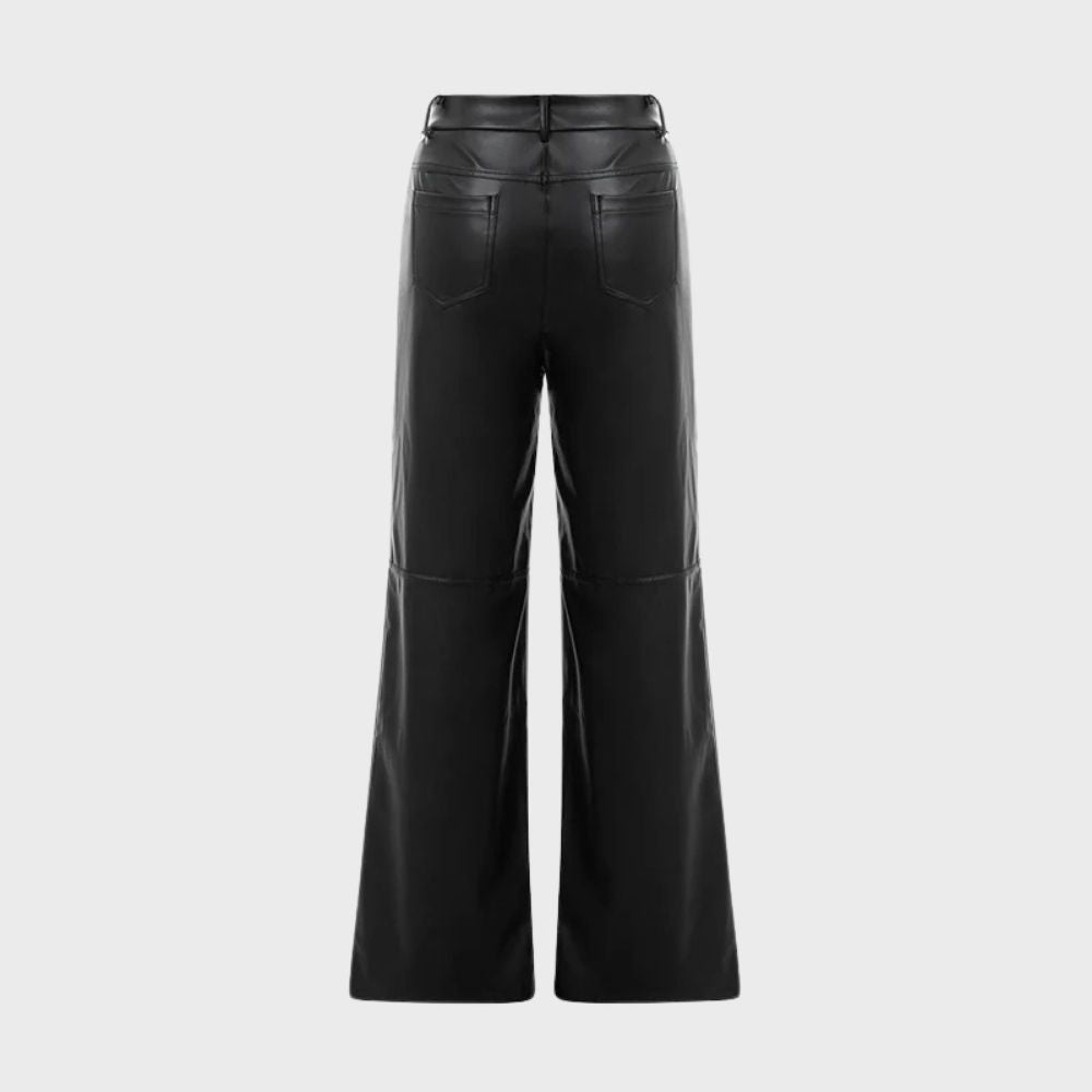 Women's Wide-Leg Trousers - High-Waisted Faux Leather - Zip & Button Closure - Stylish & Elegant