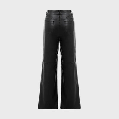 Women's Wide-Leg Trousers - High-Waisted Faux Leather - Zip & Button Closure - Stylish & Elegant