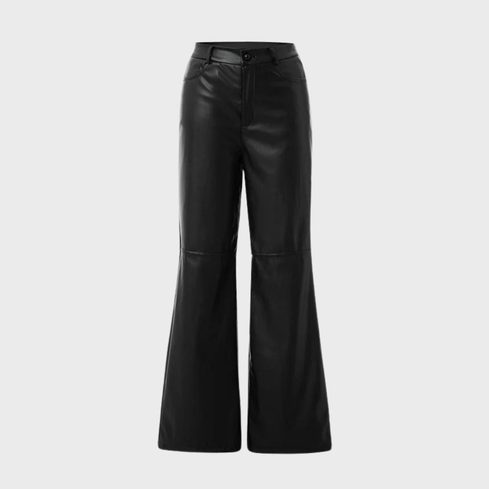 Women's Wide-Leg Trousers - High-Waisted Faux Leather - Zip & Button Closure - Stylish & Elegant