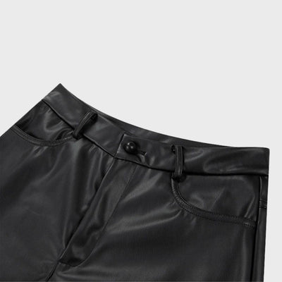 Women's Wide-Leg Trousers - High-Waisted Faux Leather - Zip & Button Closure - Stylish & Elegant