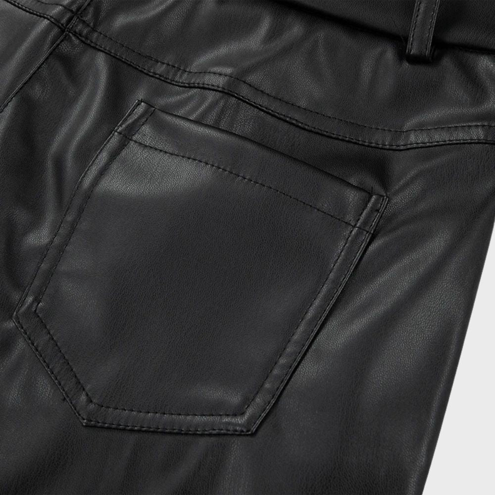 Women's Wide-Leg Trousers - High-Waisted Faux Leather - Zip & Button Closure - Stylish & Elegant