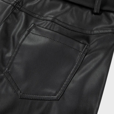 Women's Wide-Leg Trousers - High-Waisted Faux Leather - Zip & Button Closure - Stylish & Elegant