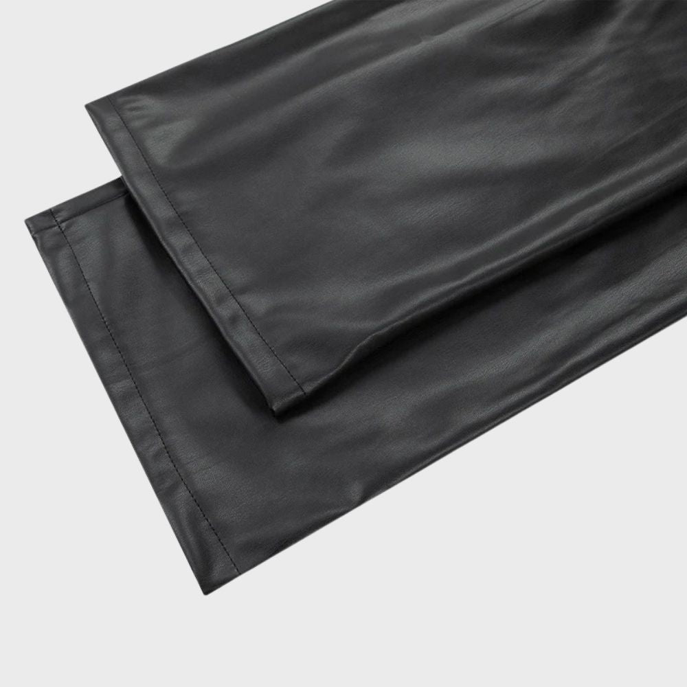 Women's Wide-Leg Trousers - High-Waisted Faux Leather - Zip & Button Closure - Stylish & Elegant