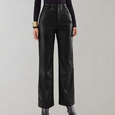 Women's Wide-Leg Trousers - High-Waisted Faux Leather - Zip & Button Closure - Stylish & Elegant