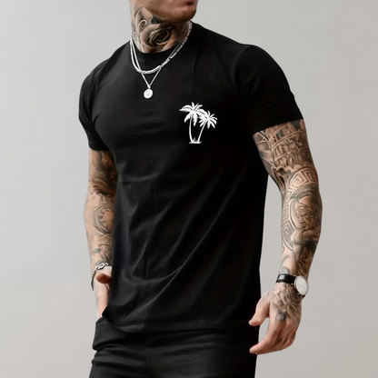 Men’s T-shirt – Relaxed Fit – Short Sleeve – Palm Tree Print – Breathable Blend
