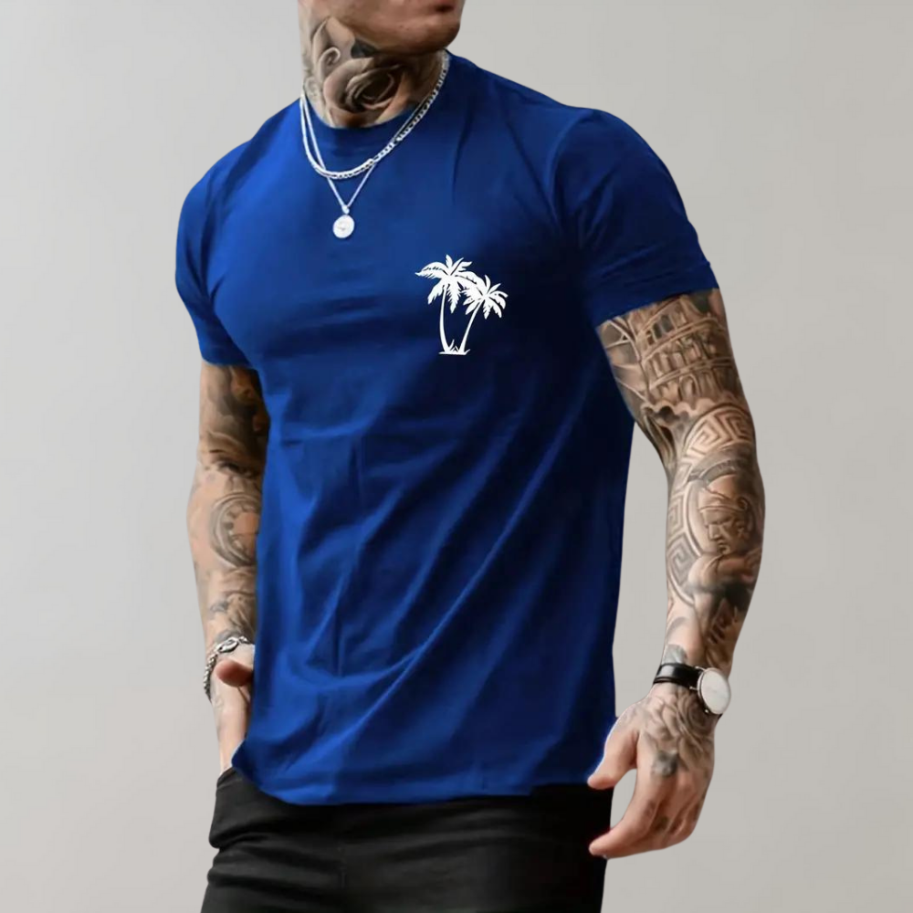 Men’s T-shirt – Relaxed Fit – Short Sleeve – Palm Tree Print – Breathable Blend