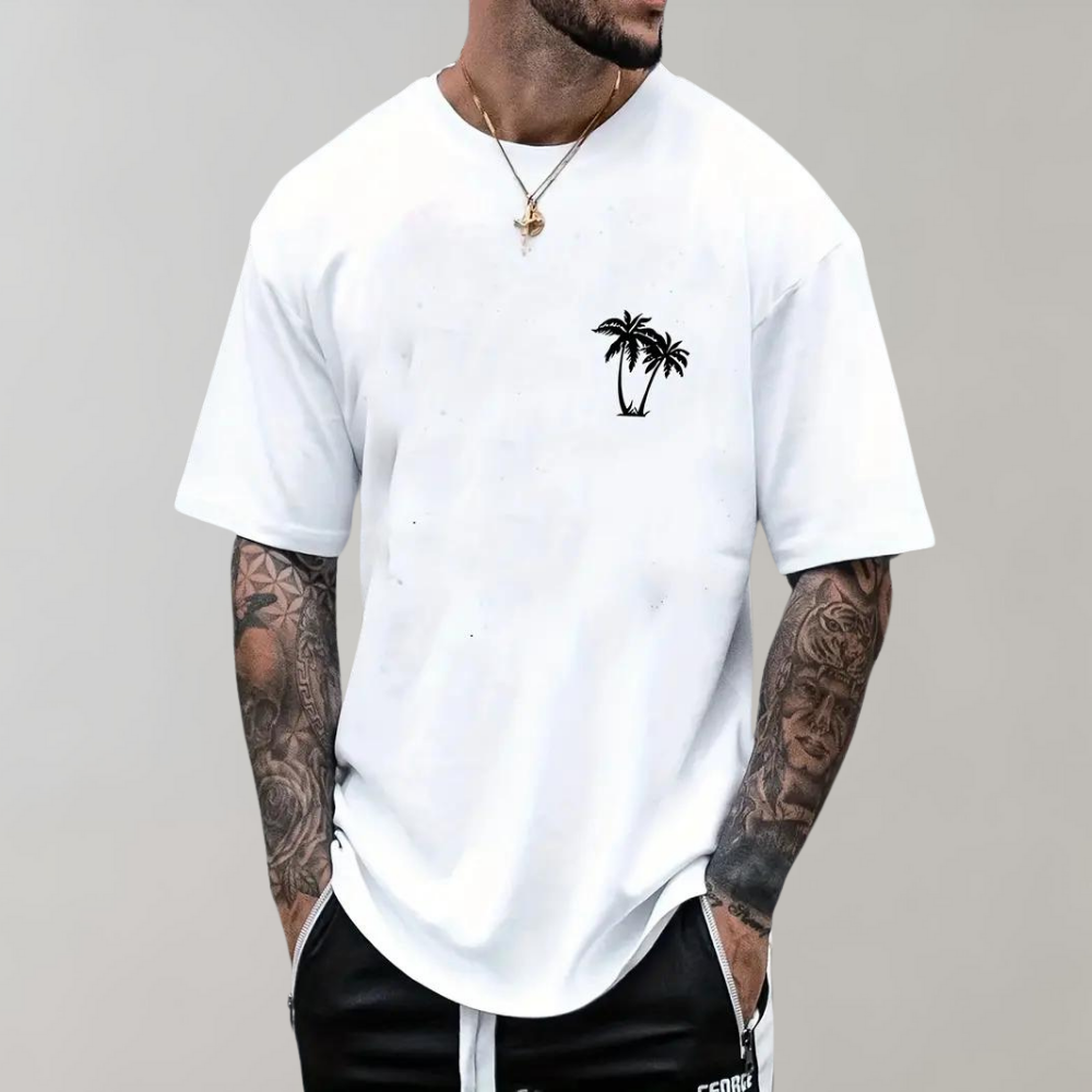 Men’s T-shirt – Relaxed Fit – Short Sleeve – Palm Tree Print – Breathable Blend