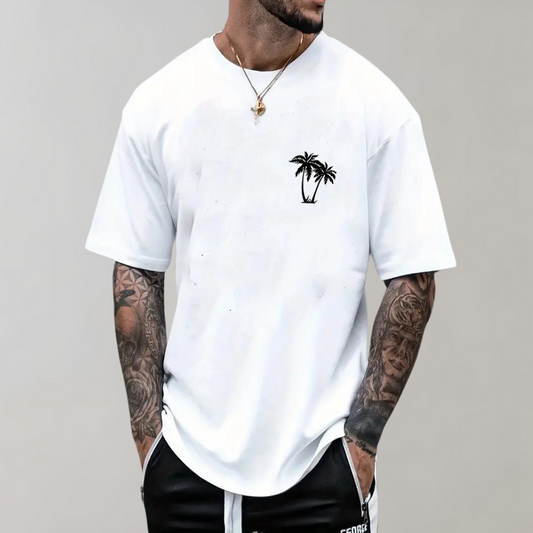 Men’s T-shirt – Relaxed Fit – Short Sleeve – Palm Tree Print – Breathable Blend