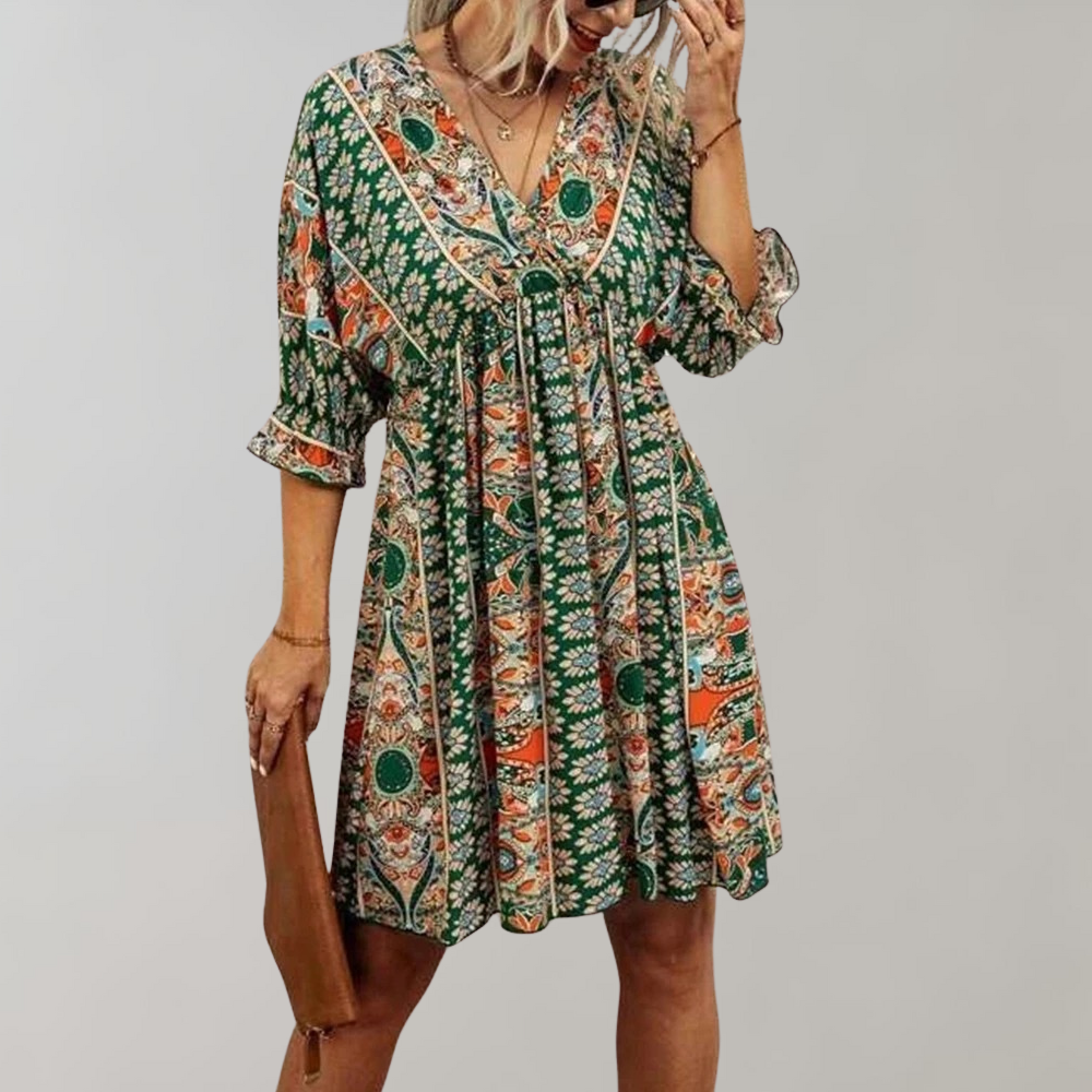 Women's Bohemian Mini Dress - V-Neck - Three-Quarter Sleeve - Flowy Lightweight Fit