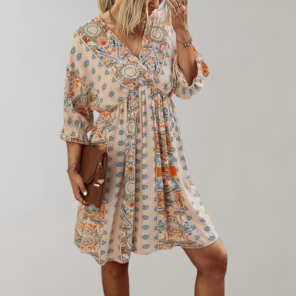 Women's Bohemian Mini Dress - V-Neck - Three-Quarter Sleeve - Flowy Lightweight Fit