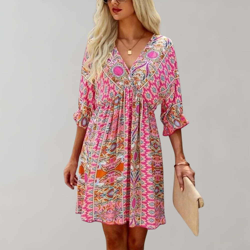 Women's Bohemian Mini Dress - V-Neck - Three-Quarter Sleeve - Flowy Lightweight Fit