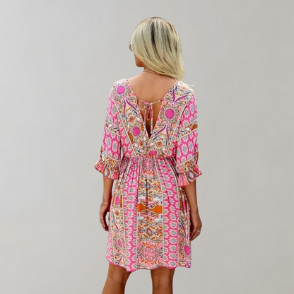 Women's Bohemian Mini Dress - V-Neck - Three-Quarter Sleeve - Flowy Lightweight Fit