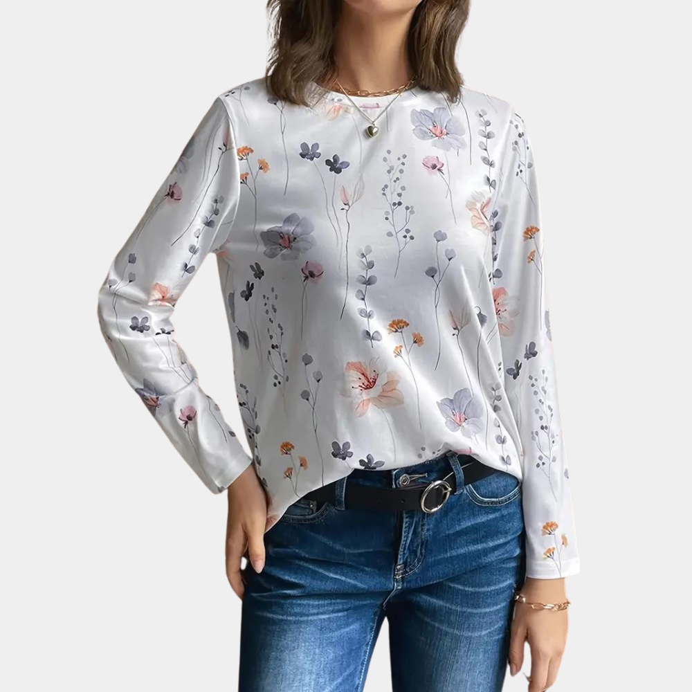 Women's Long-Sleeve Top - Floral Print - Lightweight Breathable Fabric - Crew Neck