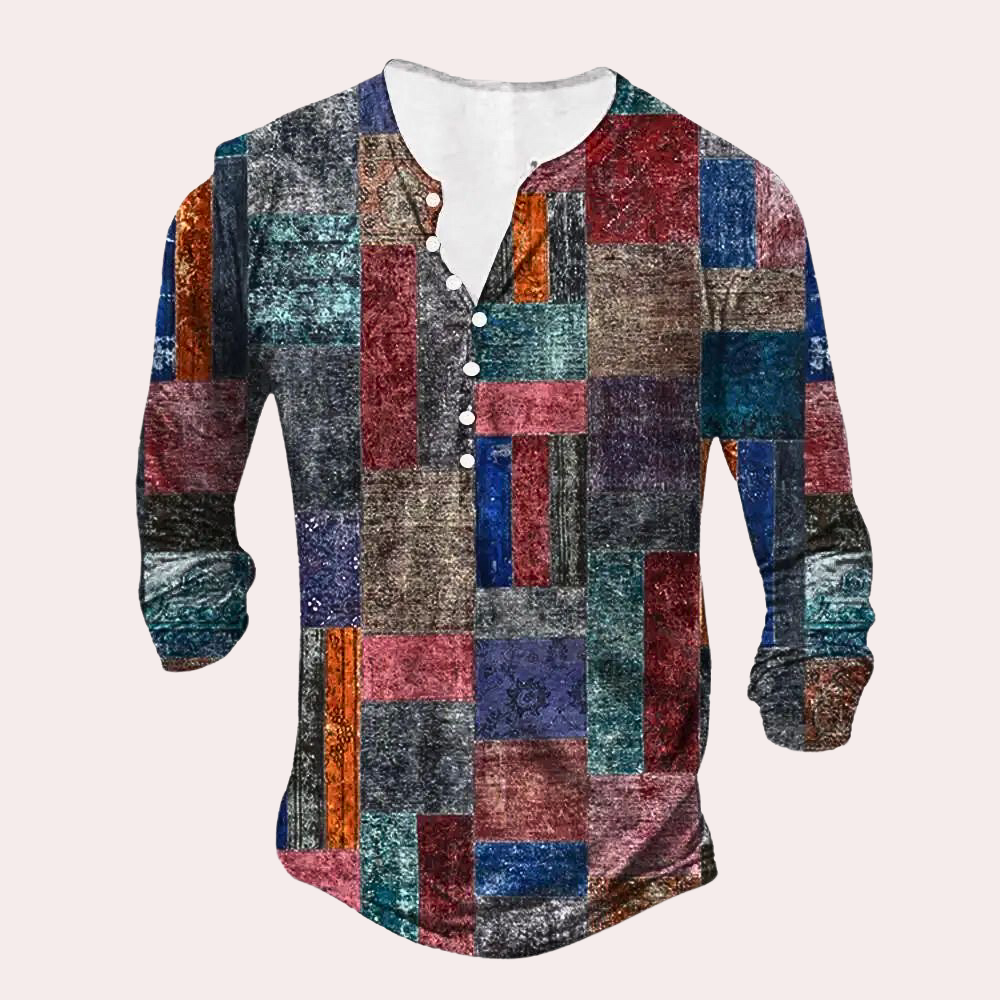 Men’s Sweater – Regular Fit – Cotton Blend – Patchwork Detail – Button Neck – Casual Wear