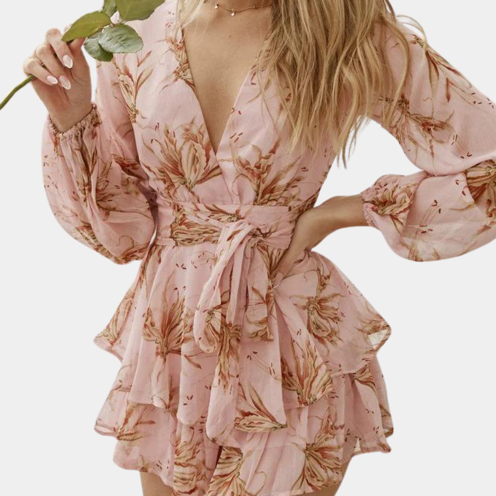 Women's Wrap Dress - Floral Print - Deep V-Neck - Long Sleeve - Tiered Ruffle Hem