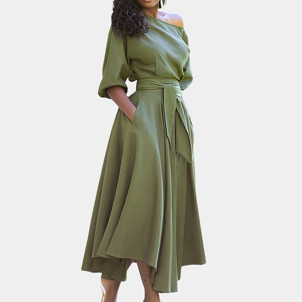 Women's Off-Shoulder Maxi Dress - A-Line Silhouette - Waist Tie - Three-Quarter Sleeve