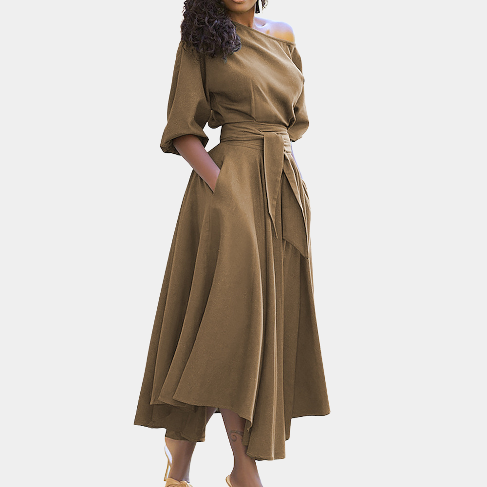 Women's Off-Shoulder Maxi Dress - A-Line Silhouette - Waist Tie - Three-Quarter Sleeve