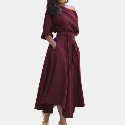 Women's Off-Shoulder Maxi Dress - A-Line Silhouette - Waist Tie - Three-Quarter Sleeve