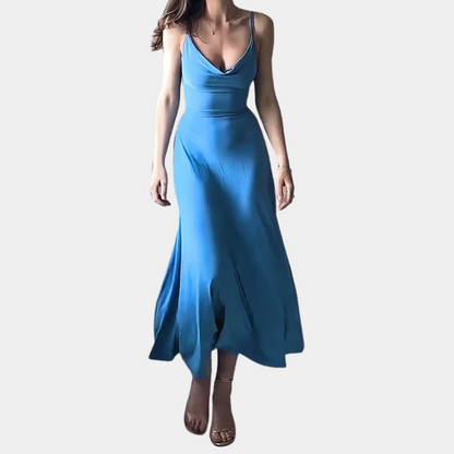 Women's Evening Gown - Cowl Neck - Spaghetti Straps - Floor Length Elegant Dress