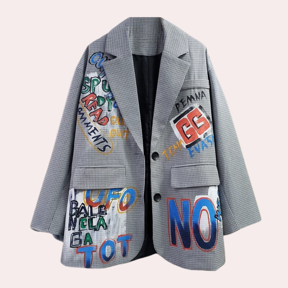 Men’s Oversized Blazer - Checkered Pattern - Graffiti Print - Single-Breasted Tailored Fit
