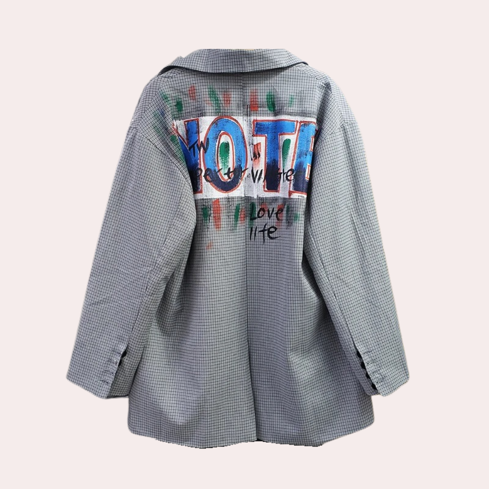 Men’s Oversized Blazer - Checkered Pattern - Graffiti Print - Single-Breasted Tailored Fit