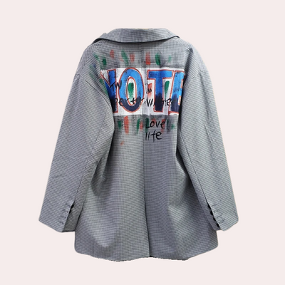 Men’s Oversized Blazer - Checkered Pattern - Graffiti Print - Single-Breasted Tailored Fit