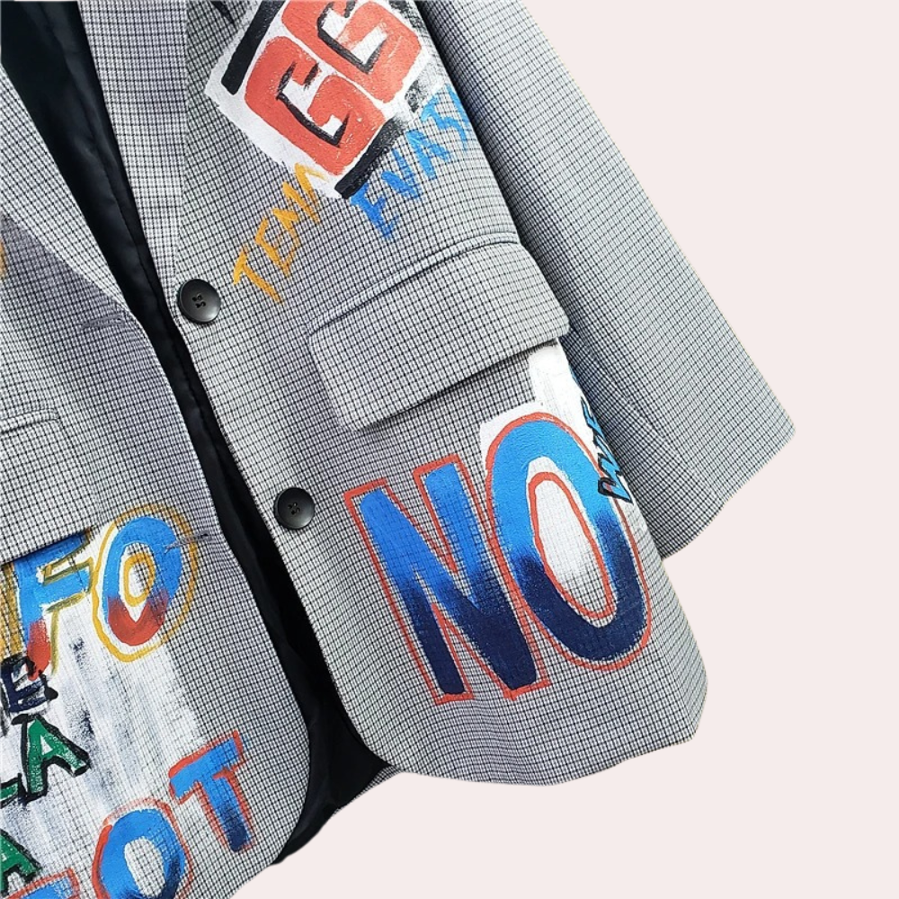 Men’s Oversized Blazer - Checkered Pattern - Graffiti Print - Single-Breasted Tailored Fit