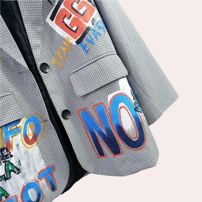 Men’s Oversized Blazer - Checkered Pattern - Graffiti Print - Single-Breasted Tailored Fit