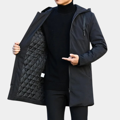 Men's black coat with hood and front pockets