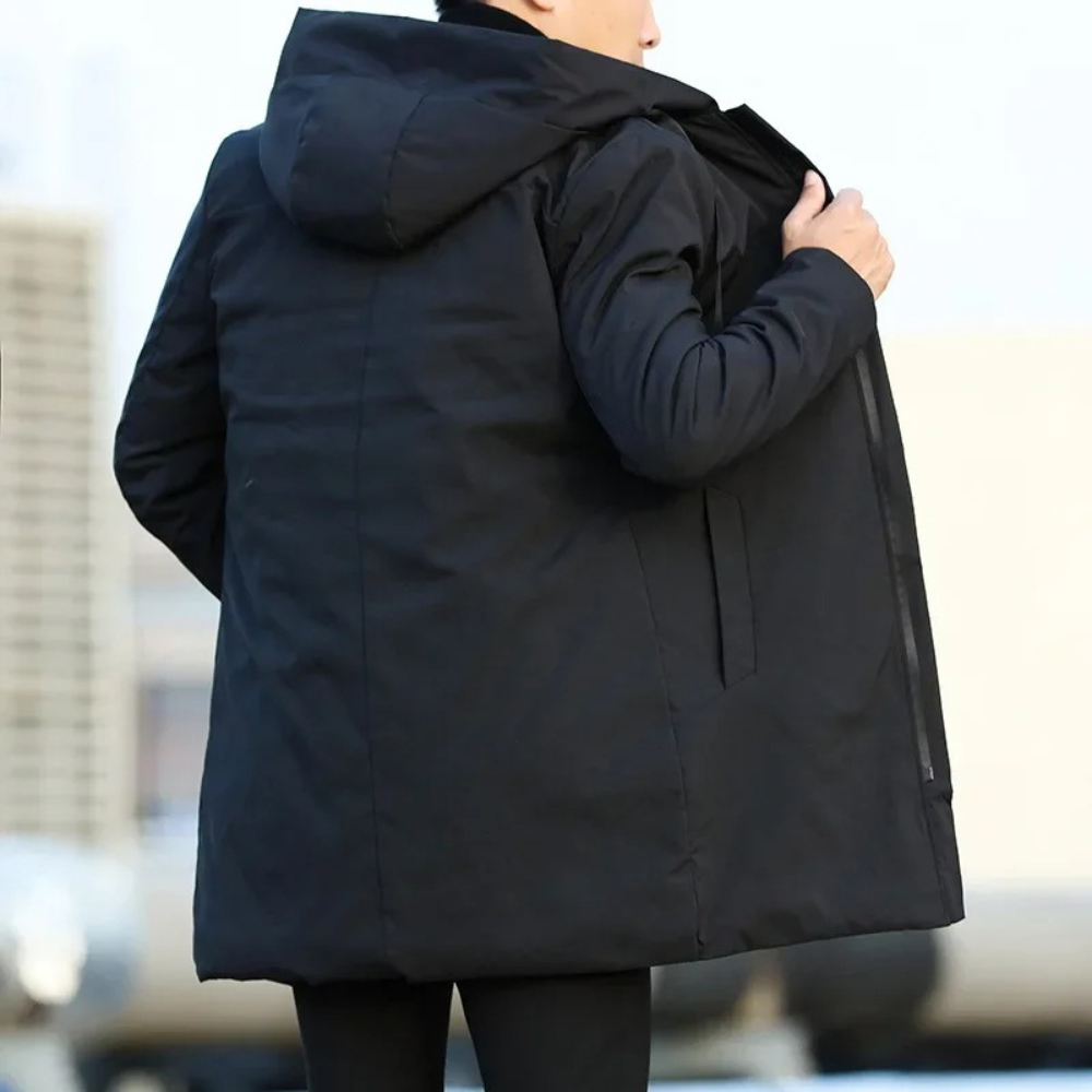 Men's black coat with hood and front pockets