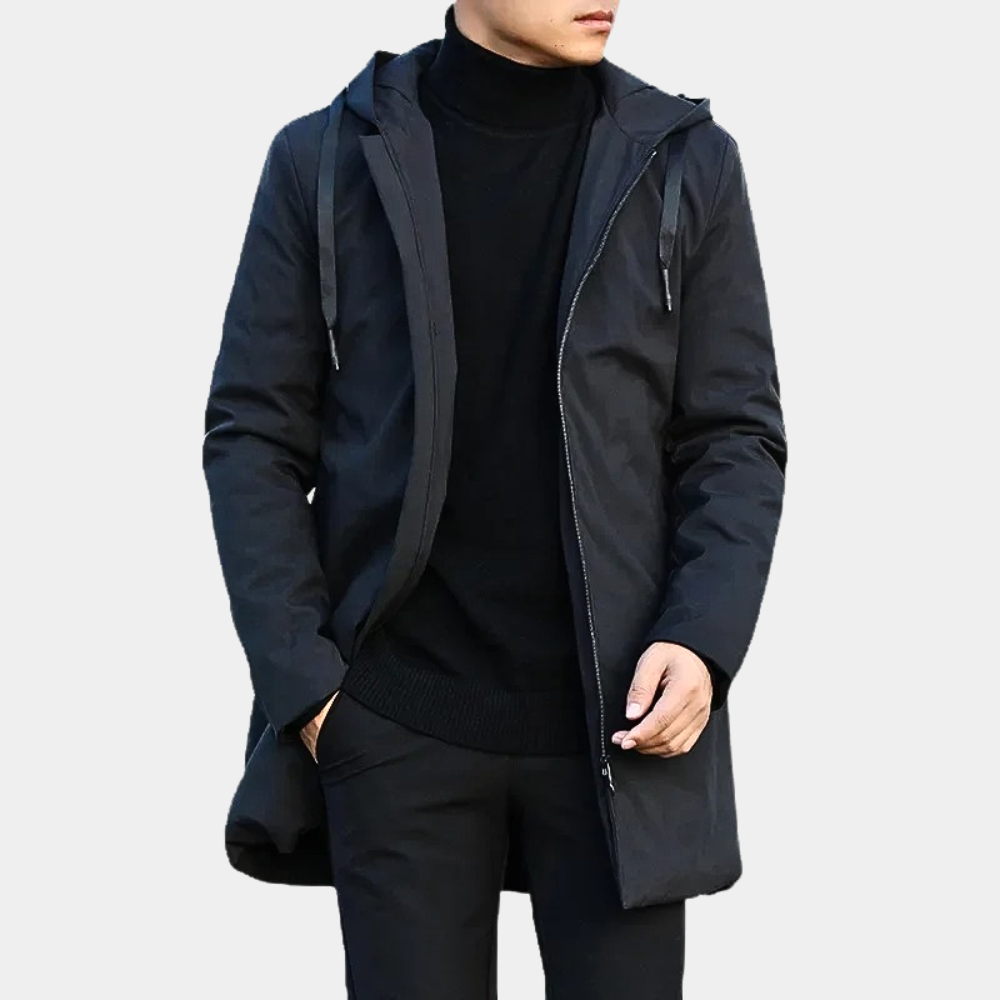 Men's black coat with hood and front pockets