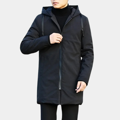 Men's black coat with hood and front pockets