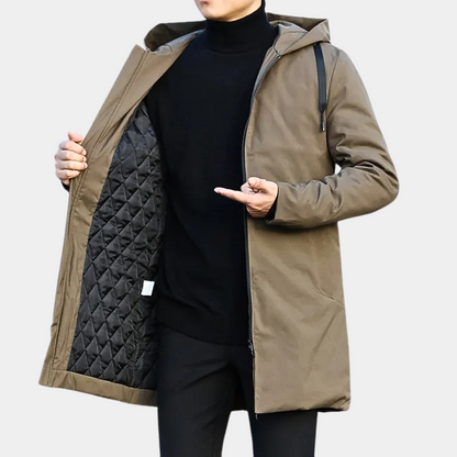 Men's black coat with hood and front pockets