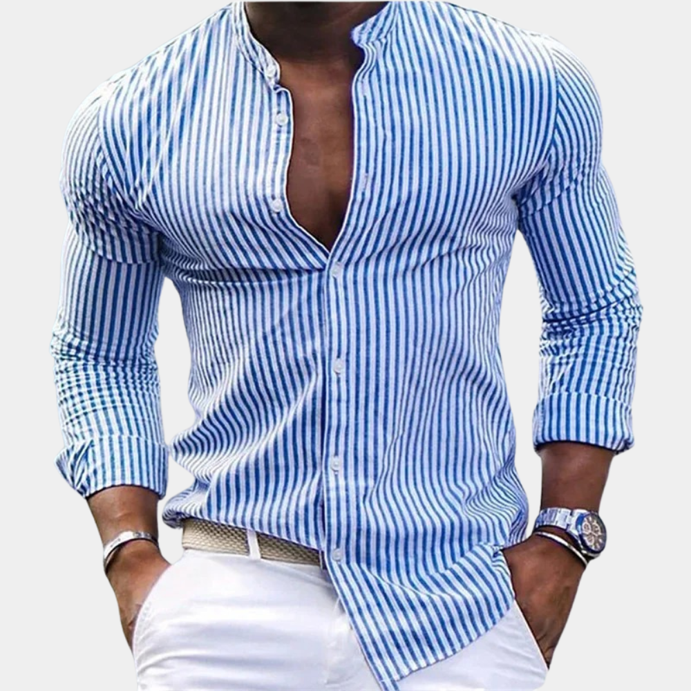 Men’s Long Sleeve Shirt – Slim Fit – Band Collar – Vertical Stripe – Breathable Blend