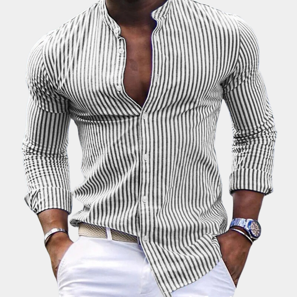 Men’s Long Sleeve Shirt – Slim Fit – Band Collar – Vertical Stripe – Breathable Blend