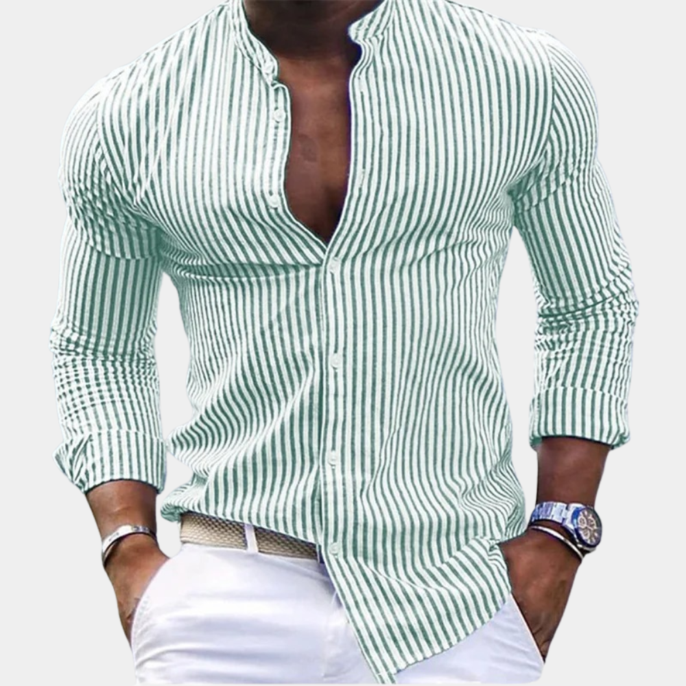 Men’s Long Sleeve Shirt – Slim Fit – Band Collar – Vertical Stripe – Breathable Blend