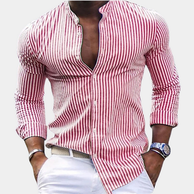 Men’s Long Sleeve Shirt – Slim Fit – Band Collar – Vertical Stripe – Breathable Blend