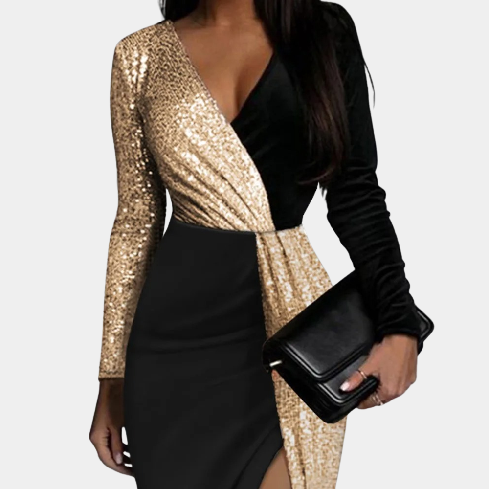 Women's Evening Dress - V-Neck Wrap Style - Sequin Long Sleeve - Slim Fit with Slit