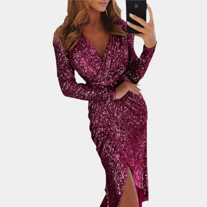 Elegant Silver Sequin Gown with Draped Detailing and High Slit – Perfect for Evening Wear