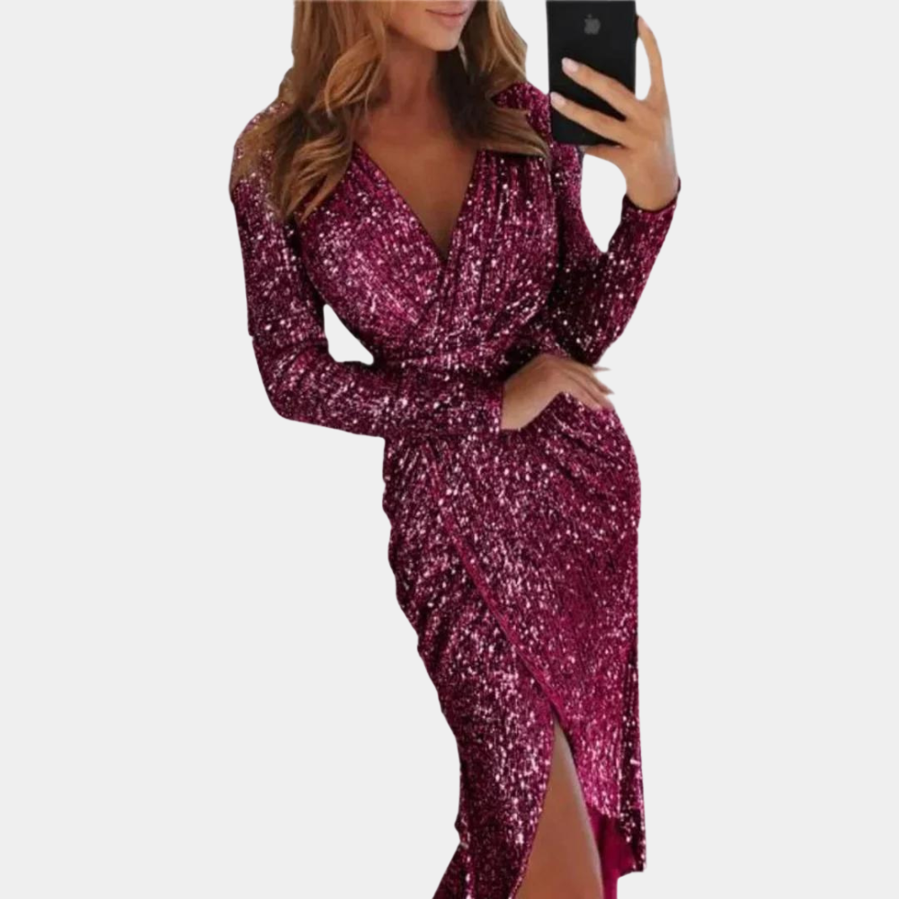 Women’s Sequin Wrap Dress – Long Sleeve – V-Neck – Fitted Silhouette – Side Slit