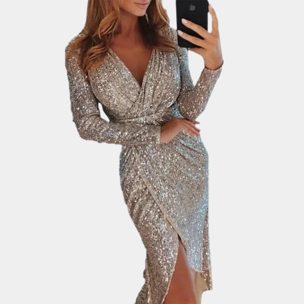 Elegant Silver Sequin Gown with Draped Detailing and High Slit – Perfect for Evening Wear