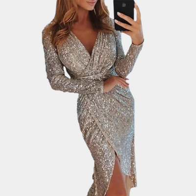 Women’s Sequin Wrap Dress – Long Sleeve – V-Neck – Fitted Silhouette – Side Slit