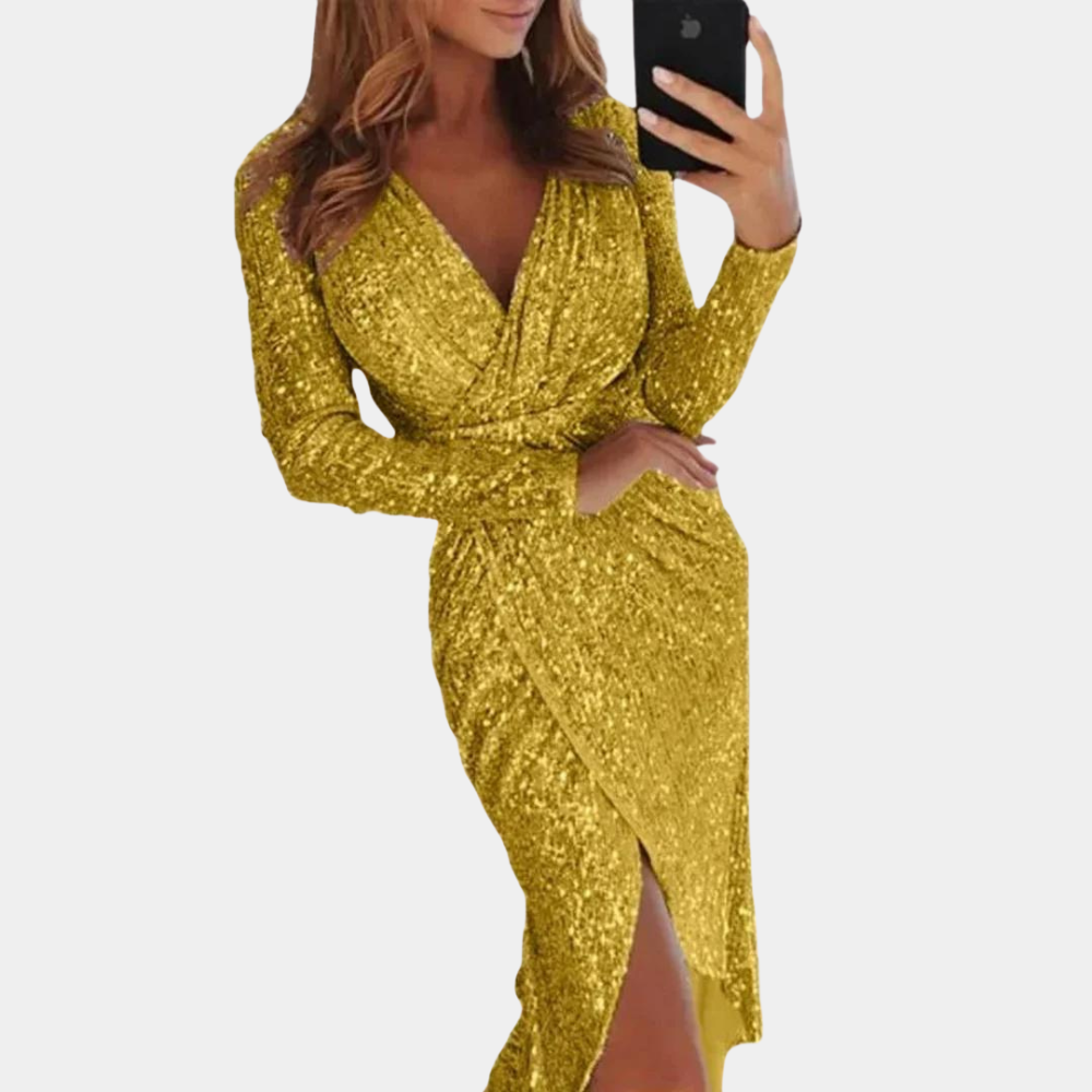 Women’s Sequin Wrap Dress – Long Sleeve – V-Neck – Fitted Silhouette – Side Slit