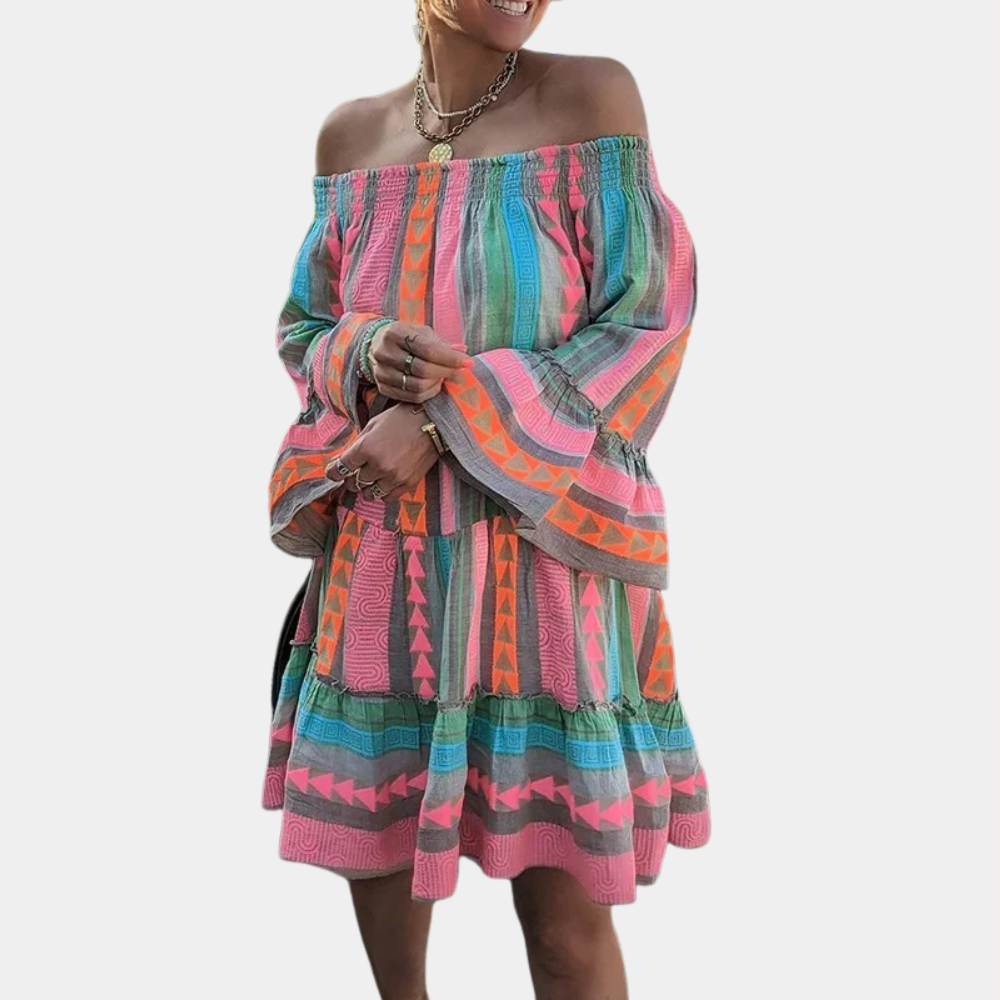 Women's Off-the-Shoulder Dress - Bell Sleeves - Geometric Pattern - Above Knee Length