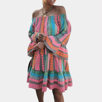 Women's Off-the-Shoulder Dress - Bell Sleeves - Geometric Pattern - Above Knee Length