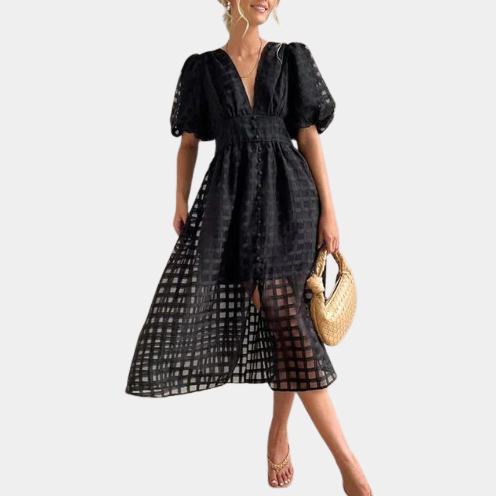 Women's Midi Dress - Deep V-Neck - Puff Sleeves - Checkered Sheer Fabric - A-Line Fit