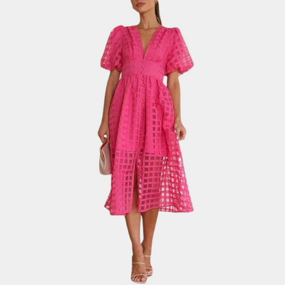 Women's Midi Dress - Deep V-Neck - Puff Sleeves - Checkered Sheer Fabric - A-Line Fit