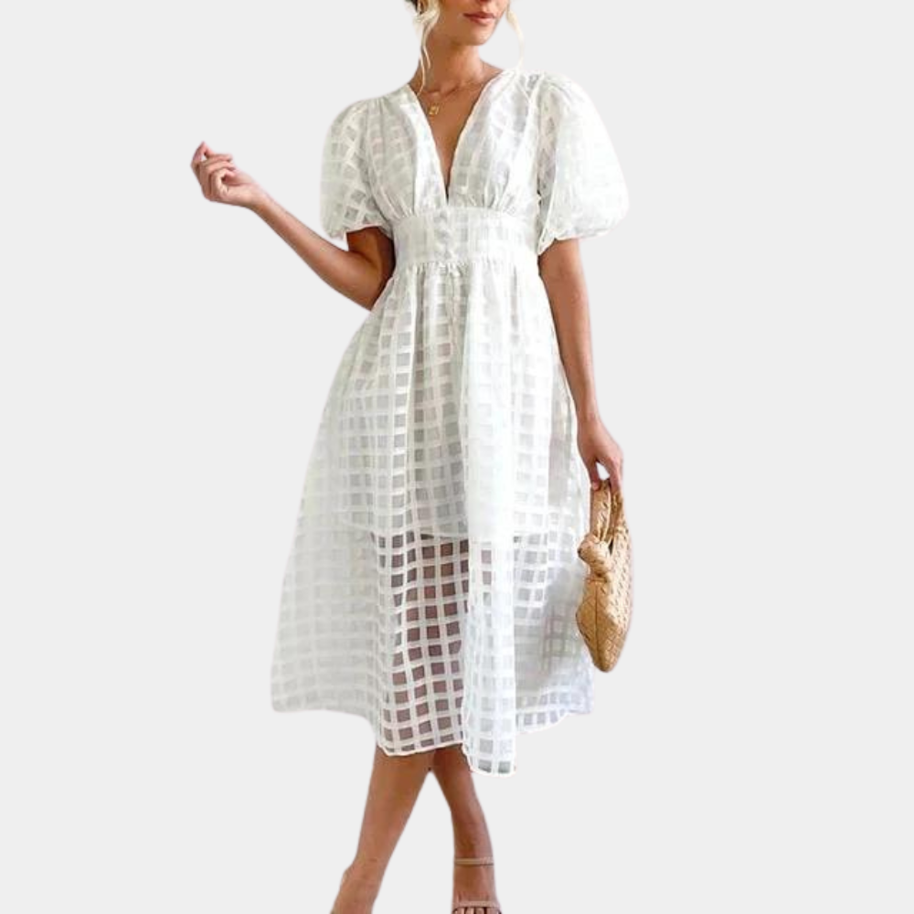 Women's Midi Dress - Deep V-Neck - Puff Sleeves - Checkered Sheer Fabric - A-Line Fit