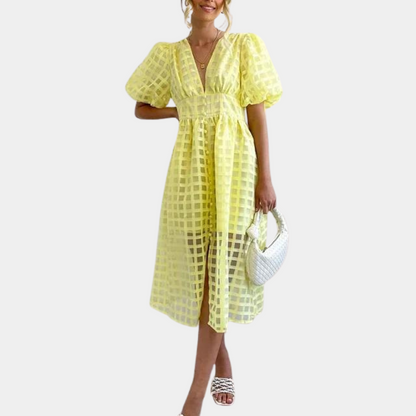 Women's Midi Dress - Deep V-Neck - Puff Sleeves - Checkered Sheer Fabric - A-Line Fit